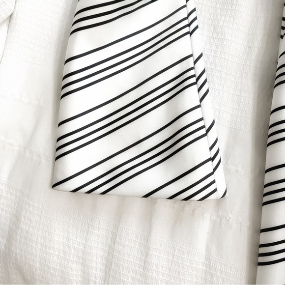 Amur WHITE BLACK SATIN STRIPED HALTER OFF THE SHOULDER LONG BELL SLEEVE DRESS - Picture 11 of 12